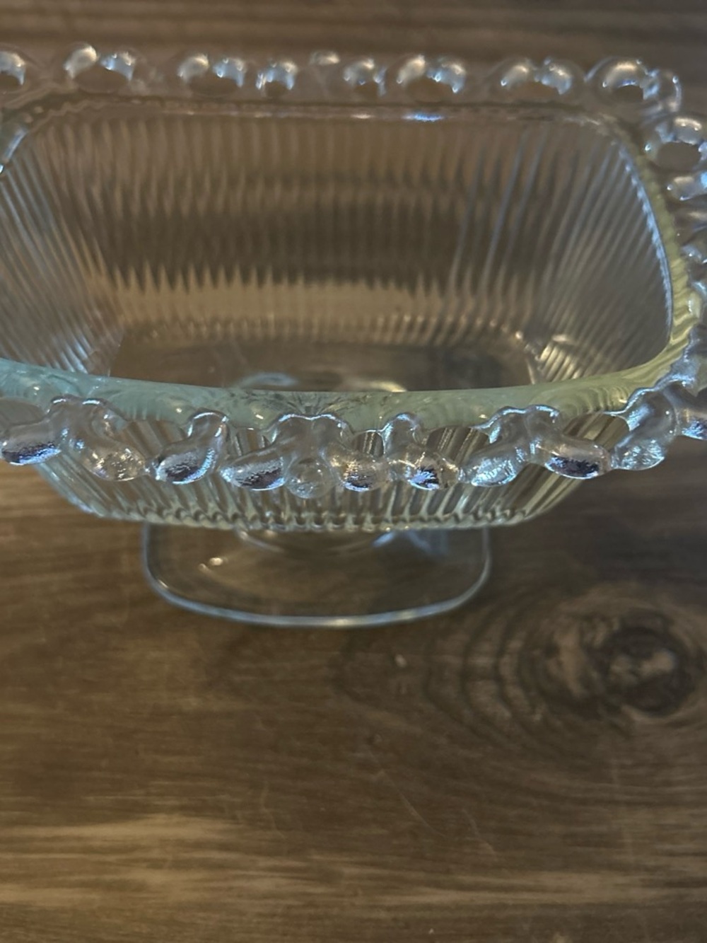 Vintage Clear Indiana Glass Open Lace Ribbed Pedestal Candy Dish Bowl - NO LID"